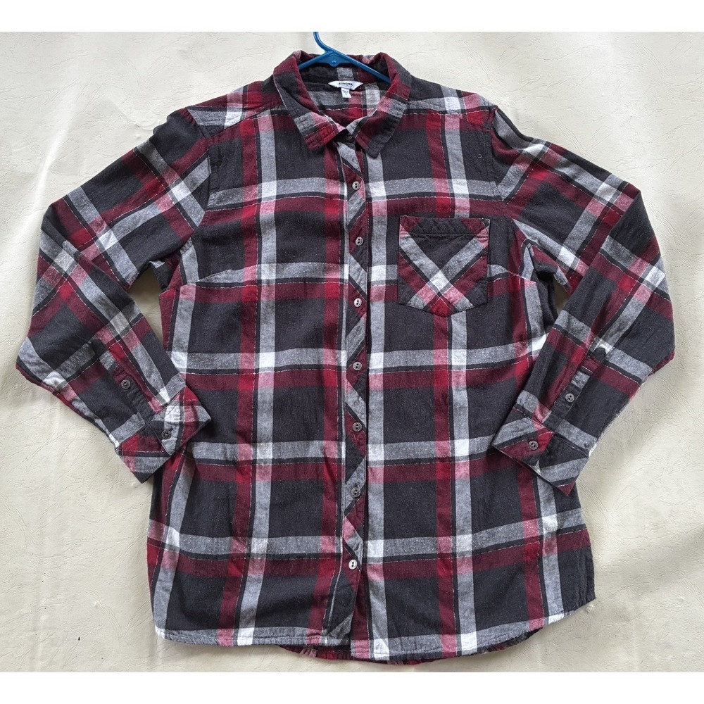 Sonoma Womens Red Black Plaid Flannel Shirt L Glitter Accents Button Up